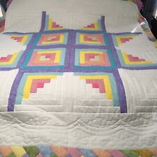 Log Cabin Vintage Handmade Quilt King Pink Purple Yellow Green Hand Quilted picture