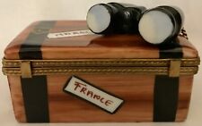 Limoges Brown Steamer Trunk Hinged Trinket Box. Binoculars on Top & Side Handles picture