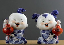 Chinese Jingdezhen Ceramics Blue White Porcelain Lovable Girl Boy Lanterns Pair picture
