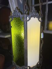 Vtg Deco Slag Glass 6 Panel Green Cream Hanging Light Gothic Mission Plug MCM 14 picture