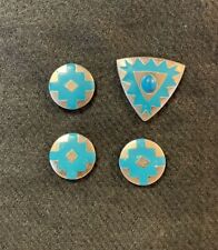 4 Turquoise Aztec Pattern Southwestern Style Steel Silver Tone VTG Button Covers picture