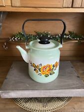 Vintage Russian Flower Enamel Green Teapot/Kettle w/Handle Farmhouse Decor NICE picture