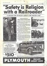 1936 Plymouth Safety is Religion w/ Railroader Vintage Magazine Print Ad/Poster picture