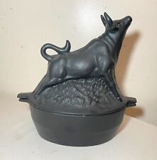 vintage figural cast iron dutch oven lidded  bull shaped 2pcs. cooking pot rare  picture