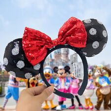 2x Disney Park Polka Dot Red Bow Minnie Mickey Mouse Sequin Black Ears Headband picture