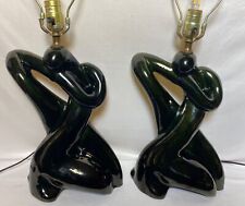 Vintage Pair of Mid Century Ceramic Table Lamps Abstract Freeform Green Black picture