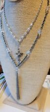 † LAYERED CRYSTAL Religious Cross Silver Tone Necklace 20