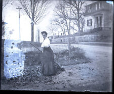 Antique Negative Glass Slide Photo Old Americana Woman Sweeping Ossipee NH #85 picture