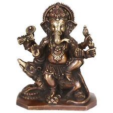Brass Golden Finish Lord Ganesha Idol Sitting on Mooshak sawari 8 Inch picture