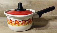 Fuji Horo 70’s Floral Enamel Milk Pot Pan With Lid Red Yellow Orange EUC picture