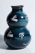 Vintage blue bunny rabbit and flower pottery vase sake container Small 5” Easter picture