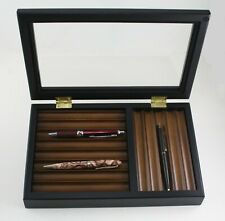 Black exterior  Wood Pen Box with Hinged Glass Top. Holds 13 Pens with Storage picture