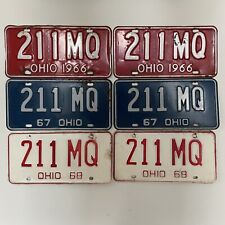 Red 1966 & Blue 1967 & White 1968 VTG Ohio License Plates; THREE Matching Pairs picture
