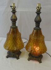 Vtg Pair 2 Mid Century Modern Amber Glass Table Lamp Retro Hollywood Regency picture