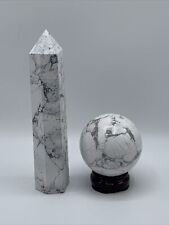 Howlite Tower (8.5”) &￼ Howlite Sphere (3.25”)With Stand *PAIR* WOW *BRAND NEW* picture