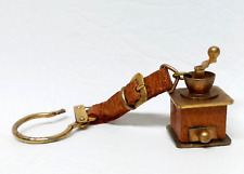 Vintage Leather Key Fob with Mini Brass Working Coffee Grinder Made in Italy picture