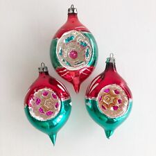 3 VTG Christmas Indent Mercury Glass Teardrop Ornaments Teal Green Red Poland picture