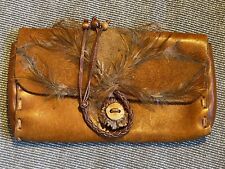 Vintage German Handmade Leather Feather  Antler Stitch Clutch Purse Wallet Pouch picture