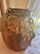 PUMPKIN PILLAR CANDLE HOLDER- AMBER GLASS w/GOLDEN METAL TRIM AND HOLSTER-NEW picture