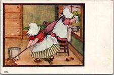 Vintage 1910s SUNBONNET GIRLS Postcard Cleaning House / Windows & Floors -Unused picture