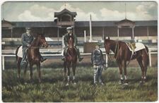 Two Jockeys + Trainer with Race Horses at the Racing Track 1900s Sport Postcard picture