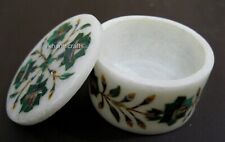 3 Inches Royal look Jewelry Box Malchite Stone Inlay Work White Marble Pill Box picture