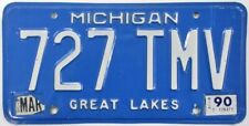 Michigan 1990 Blue License Plate, 727 TMV, YOM, Ford, Chevy, MOPAR picture