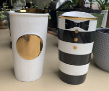 2x Starbucks Ceramic Tumbler Mug Bundle Tuxedo and White Etched Texture Gold Dot picture