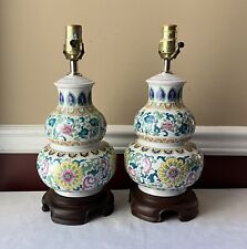 Pair of Vintage Chinese Porcelain Floral Lamps, Functional, 15 1/4