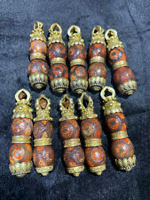 10 Pcs Pure Tibetan Brass Inlay Old Agate Dzi *3Eyed* Prayer Beads/Pendants picture