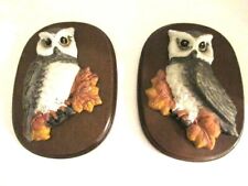 Vintage PAIR Ceramic Wall Hanging D3 Owl Standing on Perch Wood Mounted picture