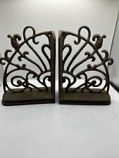 Vintage Cast Iron Bookends Pair Scroll 5x7” Over 3lbs Each Rubber Pad On Base picture