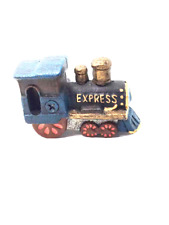 Iron Train Engine Miniature Blue w/ Red & Gold Accents Toy Christmas Decor 3.5 L picture
