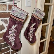2 Pair Of Purple Velvet Christmas Stockings With Beads, Floral Appliqué VTG picture
