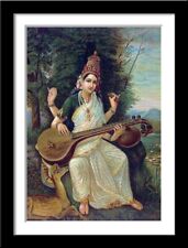 Goddess Saraswati Vintage Ravi Varma Framed Poster Multicolor 12 X 17 Inch picture