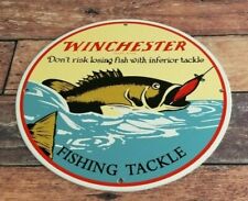 VINTAGE WINCHESTER PORCELAIN FISHING TACKLE RODS REELS LURE SERVICE GAS SIGN picture