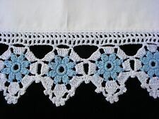 New White-blue hand Crochet trim 100% Cotton White PillowCases Standard Pair H8# picture