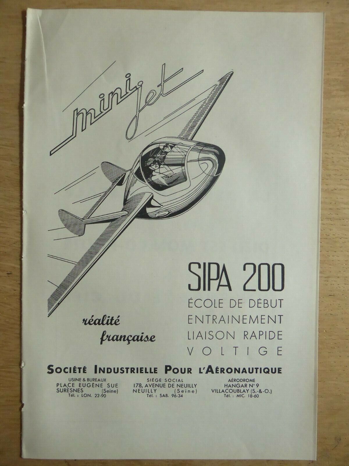 7/1953 PUB SIPA AERONAUTIQUE SURESNES AIRCRAFT SIPA 200 MINIJET ORIGINAL FRENCH AD