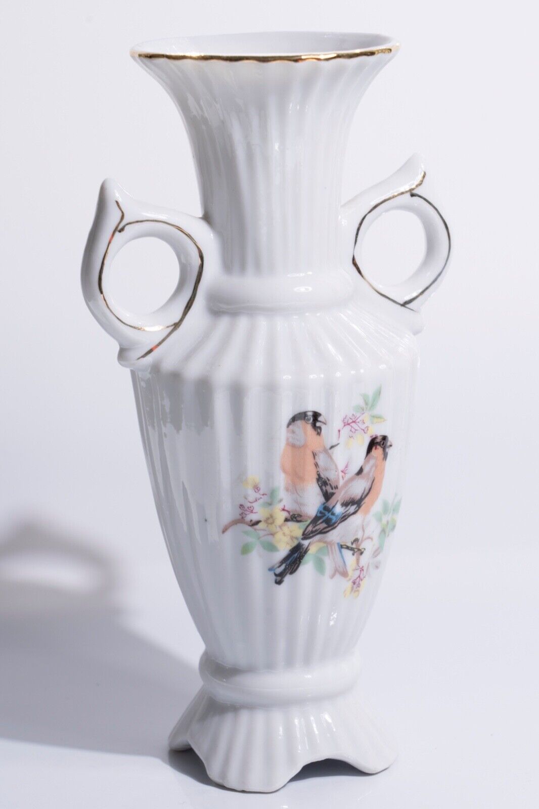 Vintage Porcelain Two Handle Small Bud Vase Birds and Floral Pattern