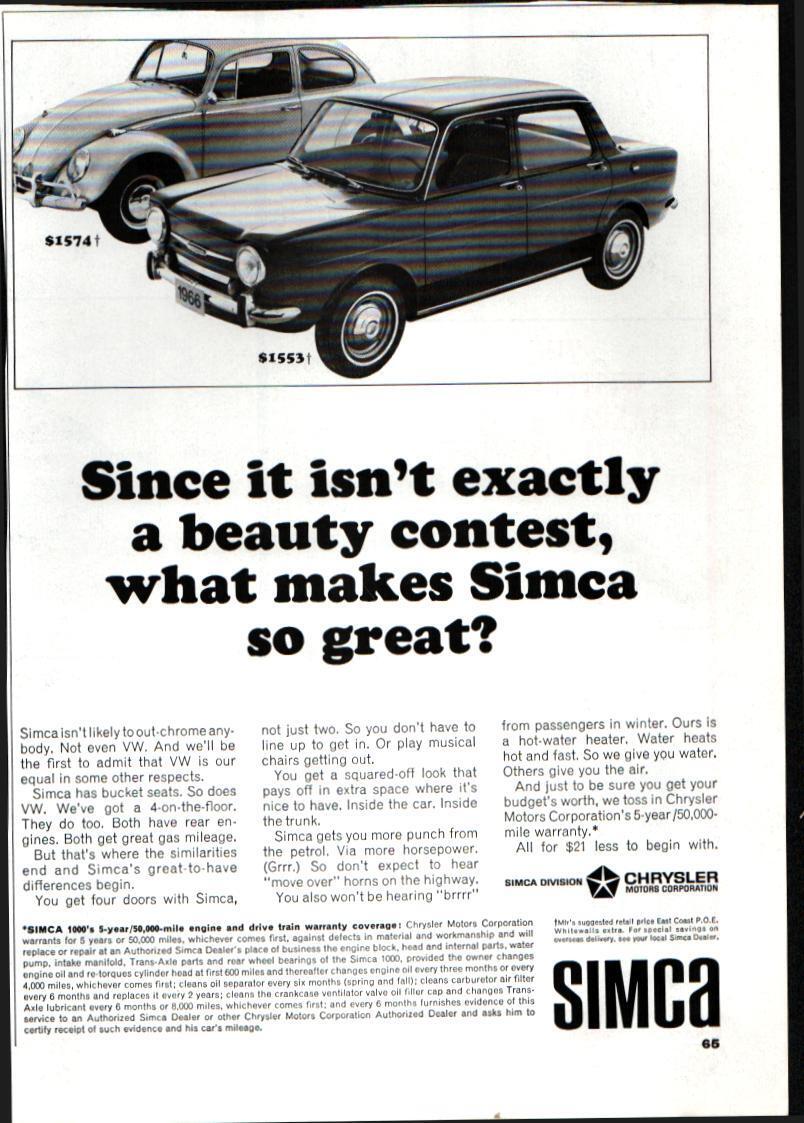 1966 Simca Car compared to VW Beetle Vintage Print Ad 961