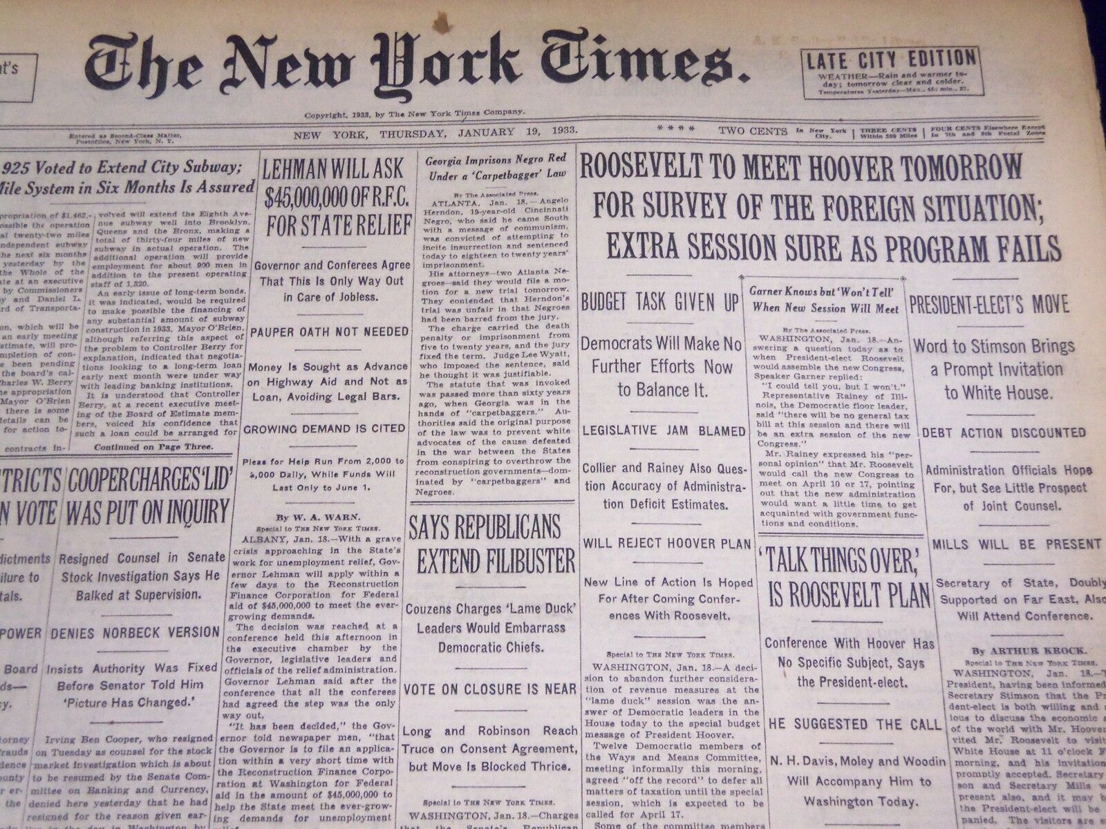1933 JANUARY 19 NEW YORK TIMES - ROOSEVELT TO MEET HOOVER - NT 3863