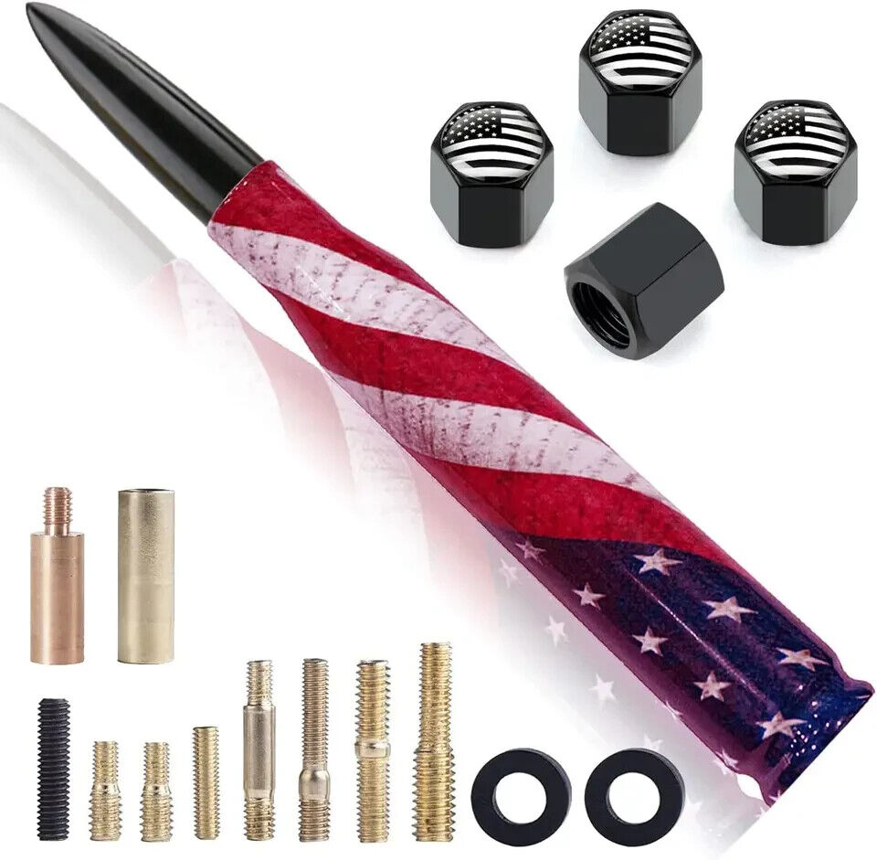 Car Truck Bullet Antenna with Valve Stem Caps American Flag Design for Ford F150