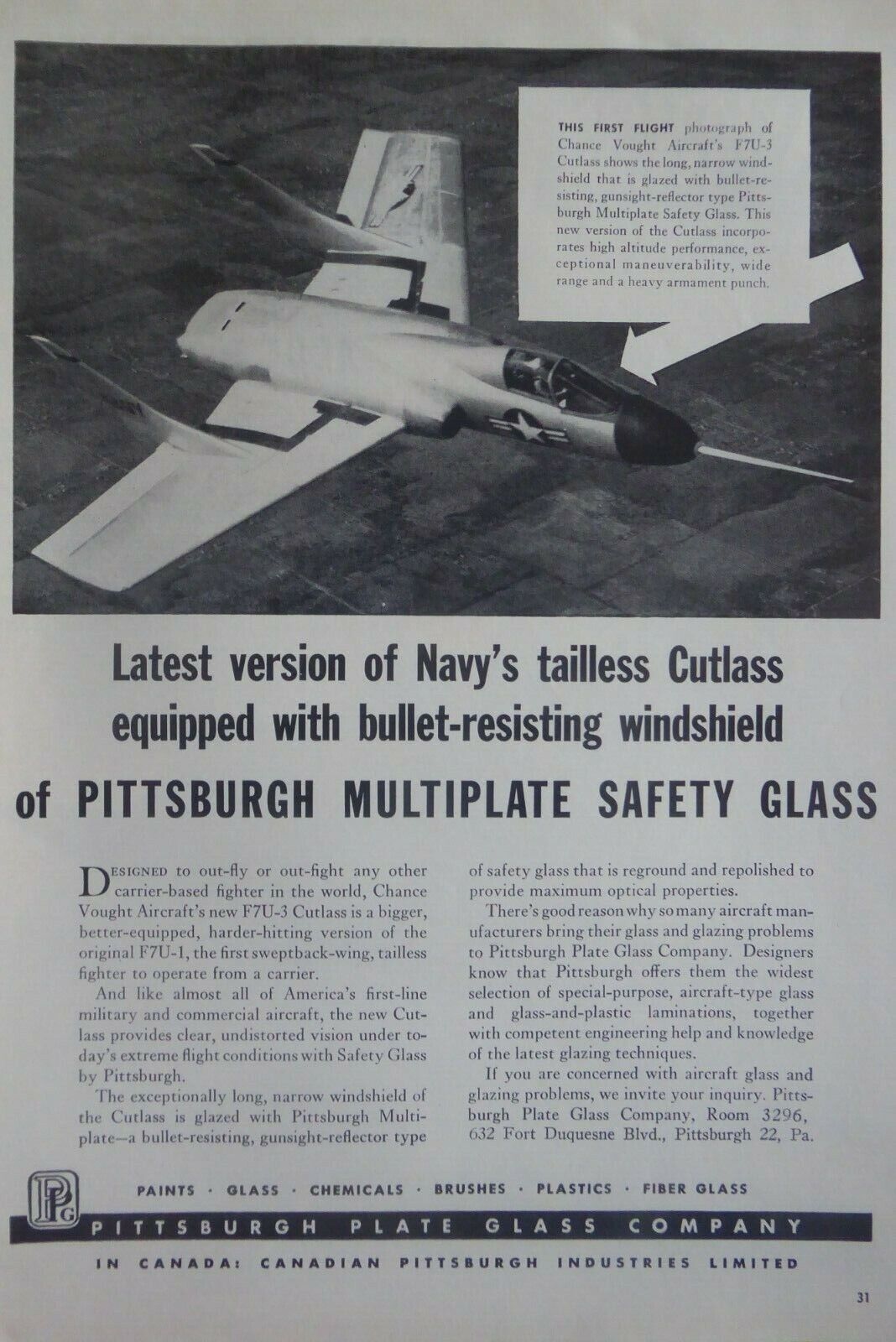 7/1953 PUB PITTSBURGH PLATE GLASS F7U-3 CUTLASS WINDSHIELD ORIGINAL AD