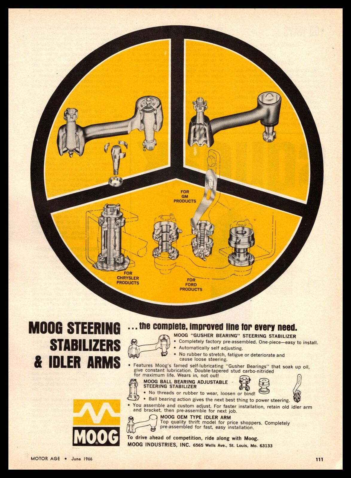 1966 MOOG Industries St. Louis Steering Stablizers & Idler Arms Vintage Print Ad