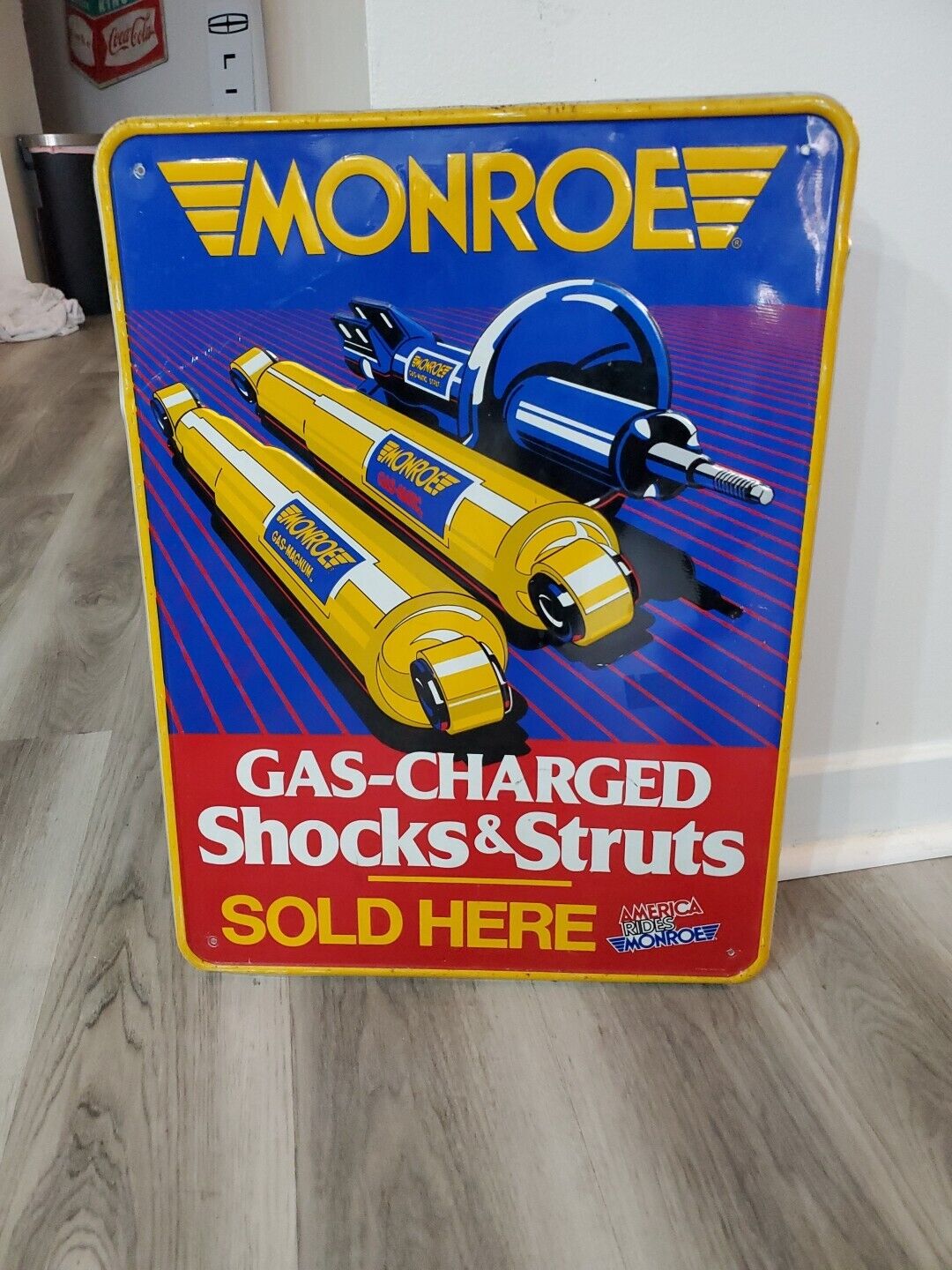c.1970s Original Vintage Monroe Shocks Sign Metal Embossed Dodge Camaro Gas Oil
