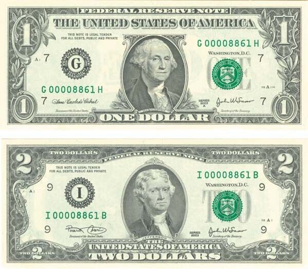 Pair of $1 and $2 notes with Low Matching Serial Numbers - Paper Money Errors