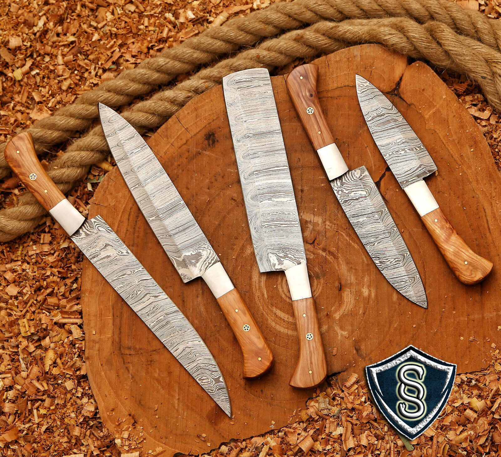 Custom Handemade Fixed Blade Damascus Steel Kitchen Knife Set with Sheath