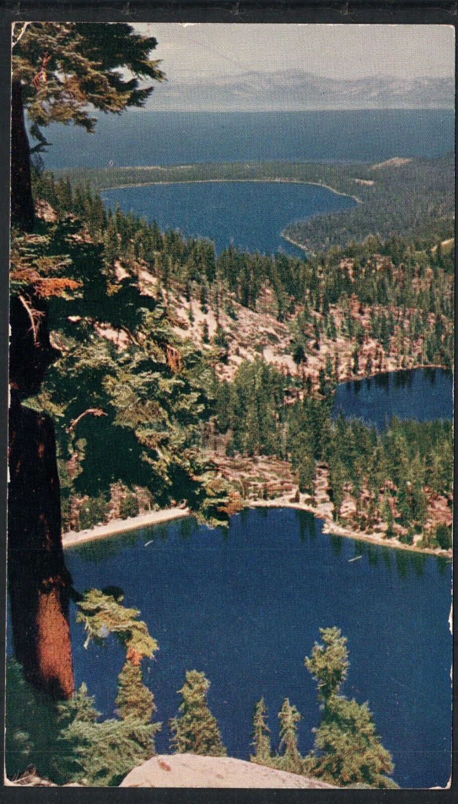 LAKE TAHOE, CA * 4 LAKES AERIAL VIEW * POSTED 1954 CAMP RICHARDSON VNTAGE CHROME