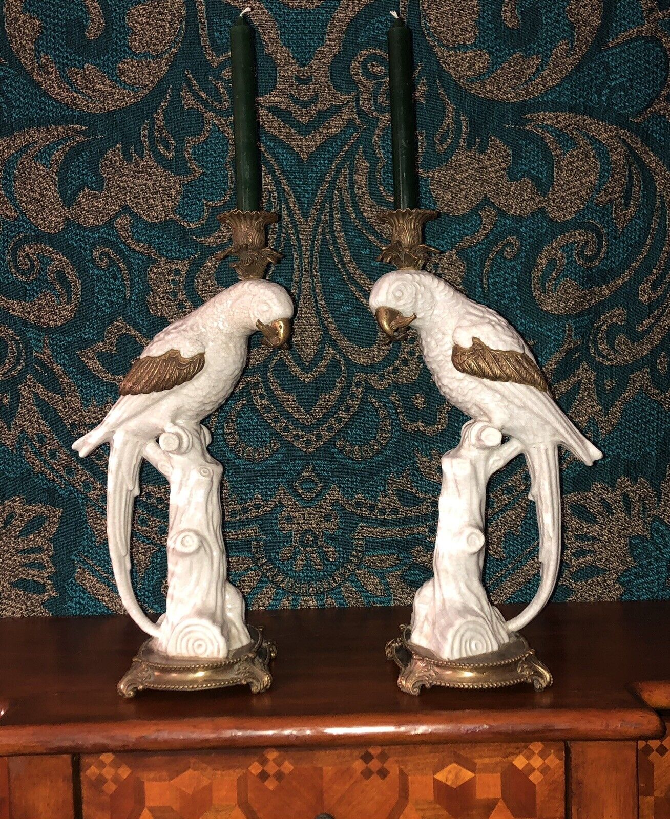 White Macaw Bird Candle Holder Pair-Ceramic And Brass