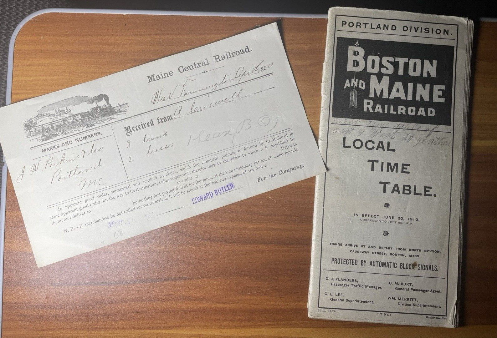 Boston and Main Railroad Time Table 1910 Maine Central RR Receipt 1890 